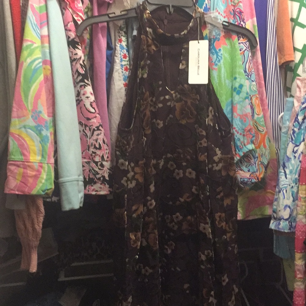 Brown floral velvet dress by Carolina Belle